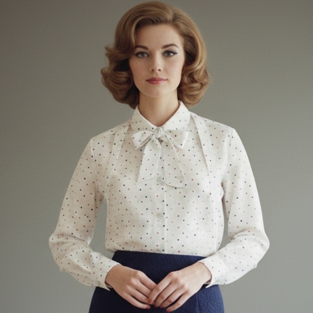 M Polka Dot Vintage White Blouse Sheer with neck tie Dainty Retro Mod